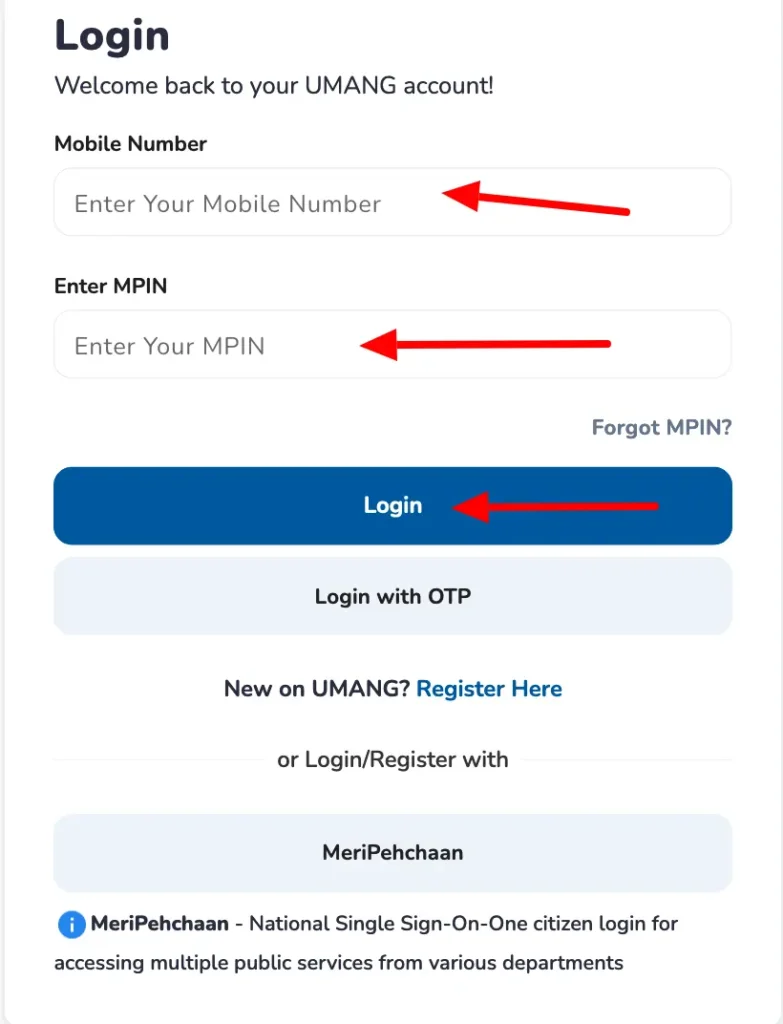 umang login & registration page
